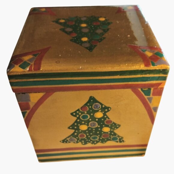 Hand Painted Wooden Christmas Tree Design Decorative Storage Box Gold Green - Picture 4 of 10